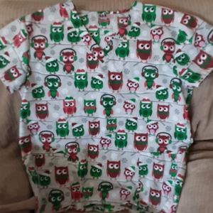 Cute Winter Owls Large Scrub top